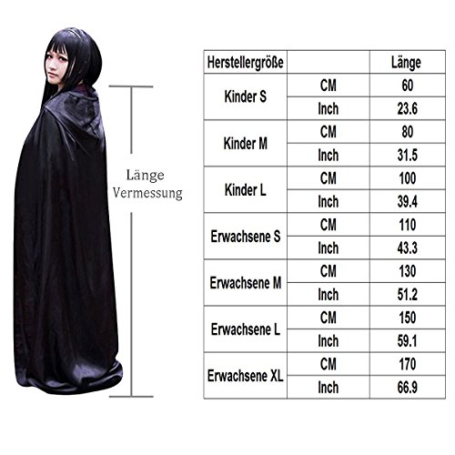 Damen Herren Halloween Umhang Karneval Fasching Kostüm Cape mit Kapuze Schwarz - 7