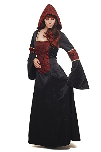 DRESS ME UP - Kostüm Damen Damenkostüm aufwändiges Kleid mit Haube Mittelalter Romantik Elfe Gotik Gothic Burgfräulein Weinrot-Schwarz L076 Gr. 42 / M